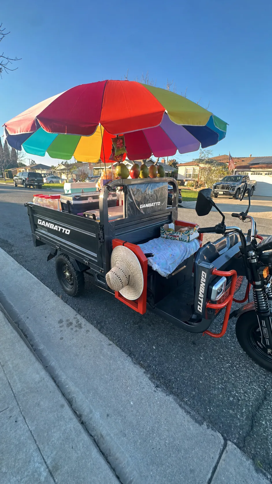 Ganbatto cargo tricycle configured as a neighborhood fruit vending vehicle